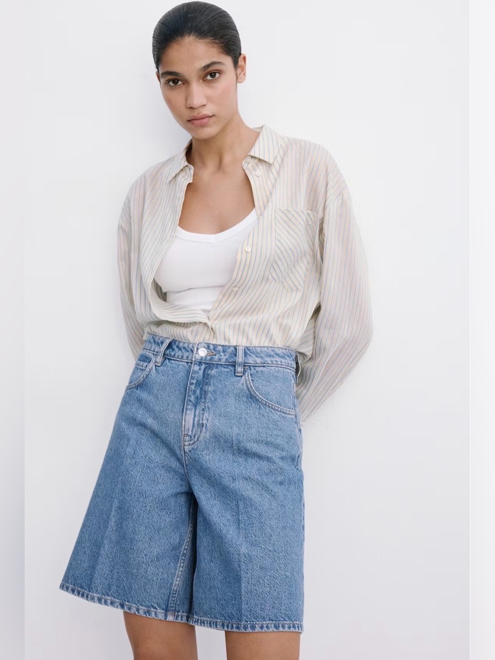 Mango High-Rise Straight-Fit Bermuda Denim Shorts